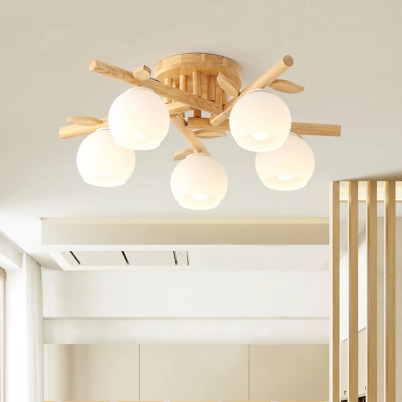 Plafonnier sphère en verre crème, semi-plafonnier en bois nordique avec décor en forme de branche Clearhalo