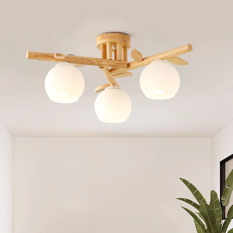 Plafonnier sphère en verre crème, semi-plafonnier en bois nordique avec décor en forme de branche Clearhalo