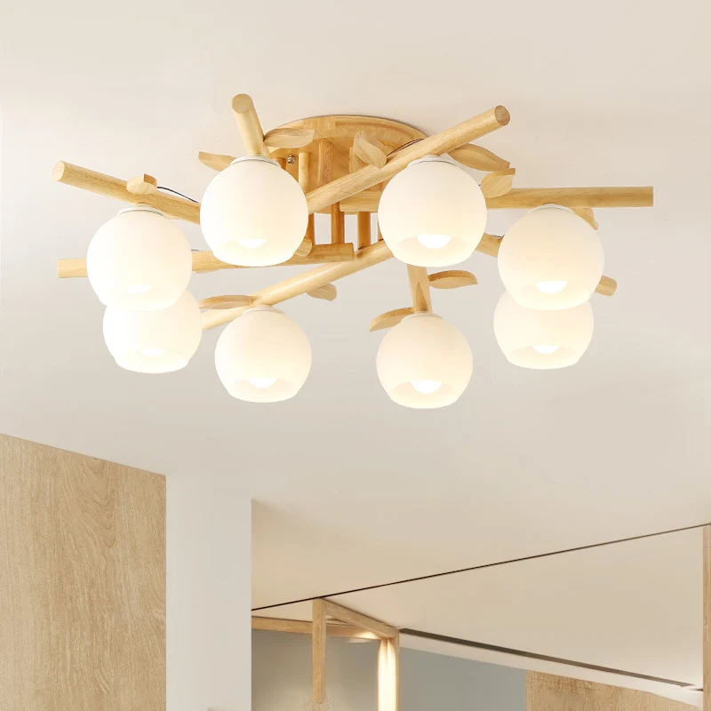 Plafonnier sphère en verre crème, semi-plafonnier en bois nordique avec décor en forme de branche Clearhalo