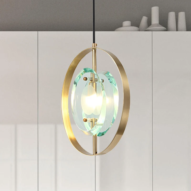 Plafonnier suspendu à cadre ovale doré, luminaire suspendu contemporain à 1 tête en métal avec abat-jour en cristal transp...