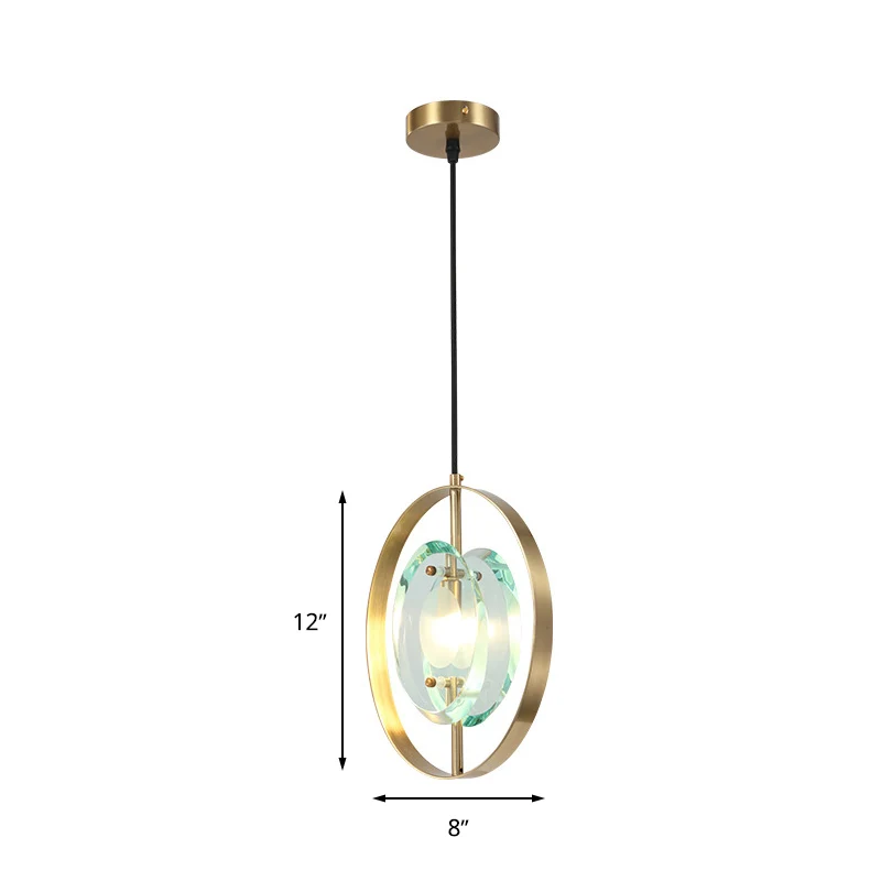 Plafonnier suspendu à cadre ovale doré, luminaire suspendu contemporain à 1 tête en métal avec abat-jour en cristal transp...