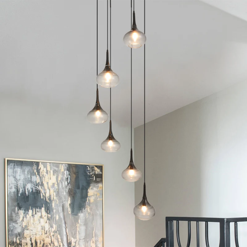 Plafonnier suspendu en forme de goutte d'eau, moderne, en verre fumé ombré, à 6 ampoules, pour escalier Clearhalo