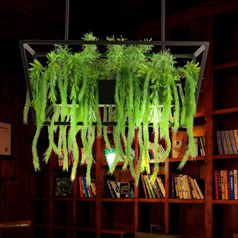 Plafonnier trapézoïdal pour Restaurant, île, rétro en métal, 2 têtes, lampe LED noire avec décor végétal Clearhalo