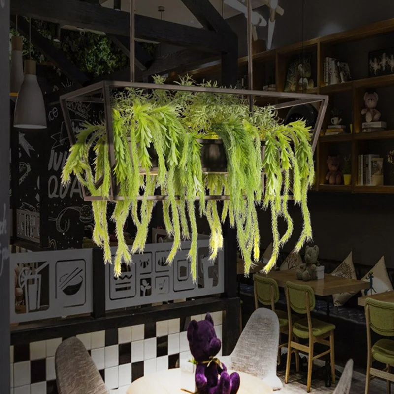 Plafonnier trapézoïdal pour Restaurant, île, rétro en métal, 2 têtes, lampe LED noire avec décor végétal Clearhalo