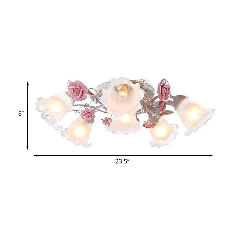 Plafonnier en verre blanc fleur pastorale à 4/6/7 ampoules, éclairage semi-monté pour chambre à coucher avec design Spoutn...