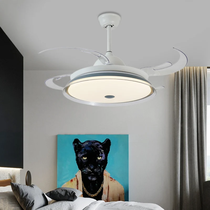 Semi-plafonnier LED en métal de 48 po de largeur, luminaire rond contemporain blanc pour chambre à coucher, 4 pales transp...