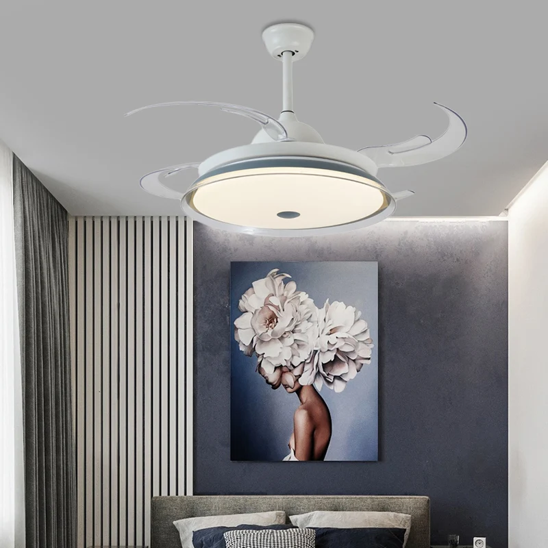 Semi-plafonnier LED en métal de 48 po de largeur, luminaire rond contemporain blanc pour chambre à coucher, 4 pales transp...