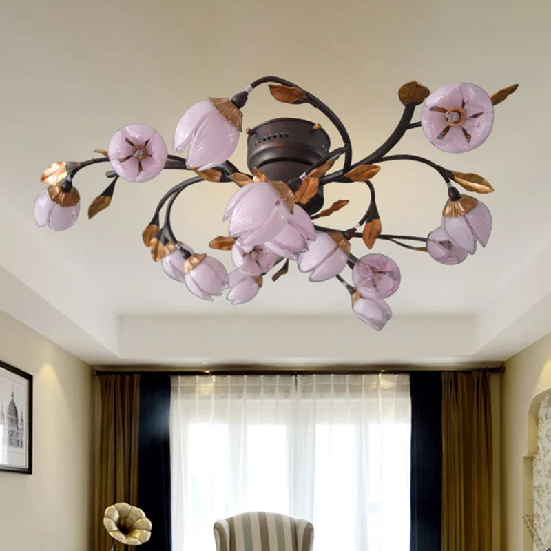 Semi-plafonnier en métal à 15 lumières, lampe LED romantique pastorale en Nickel Lotus pour chambre à coucher, éclairage p...