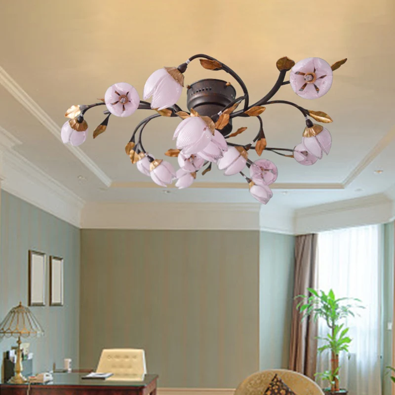 Semi-plafonnier en métal à 15 lumières, lampe LED romantique pastorale en Nickel Lotus pour chambre à coucher, éclairage p...