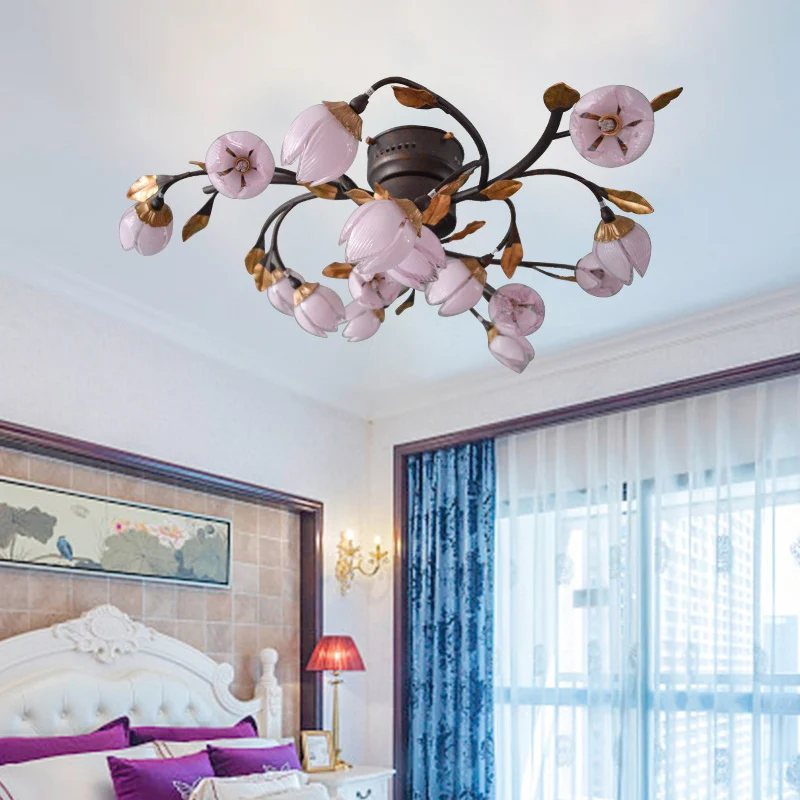 Semi-plafonnier en métal à 15 lumières, lampe LED romantique pastorale en Nickel Lotus pour chambre à coucher, éclairage p...