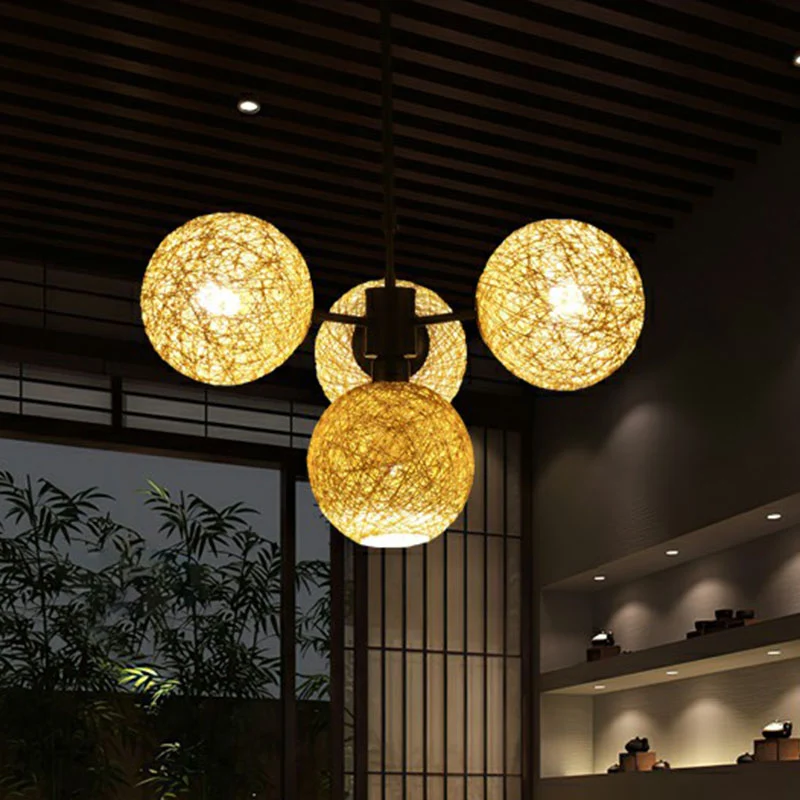 Sphère rotin lustre suspension contemporaine 4 têtes lin luminaire suspendu Clearhalo