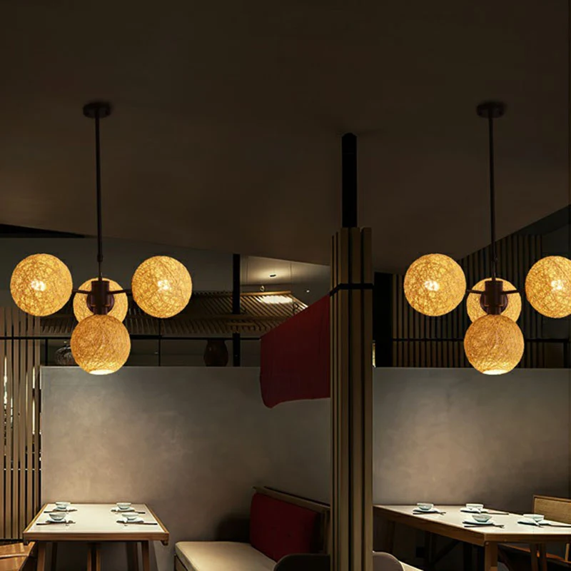 Sphère rotin lustre suspension contemporaine 4 têtes lin luminaire suspendu Clearhalo