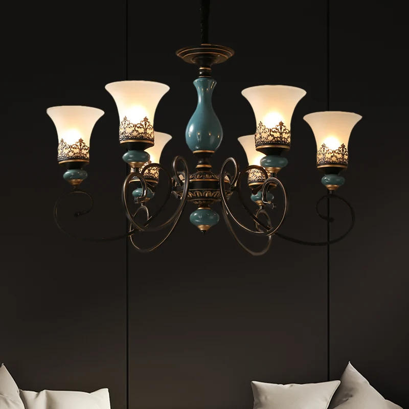 Style rustique abat-jour suspendu en verre laiteux, lustre à 3/5/6 têtes, éclairage en bleu Clearhalo