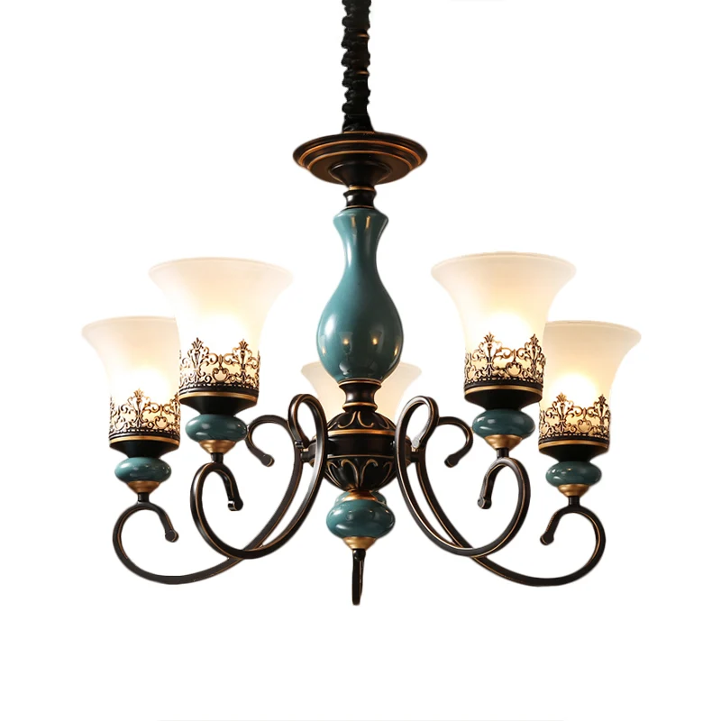 Style rustique abat-jour suspendu en verre laiteux, lustre à 3/5/6 têtes, éclairage en bleu Clearhalo