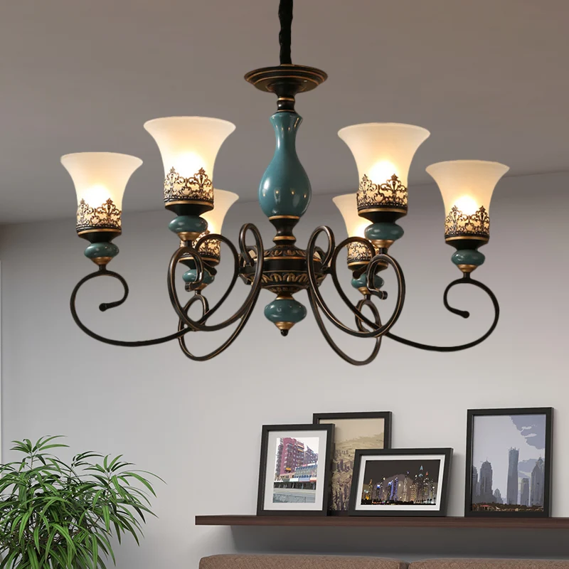 Style rustique abat-jour suspendu en verre laiteux, lustre à 3/5/6 têtes, éclairage en bleu Clearhalo