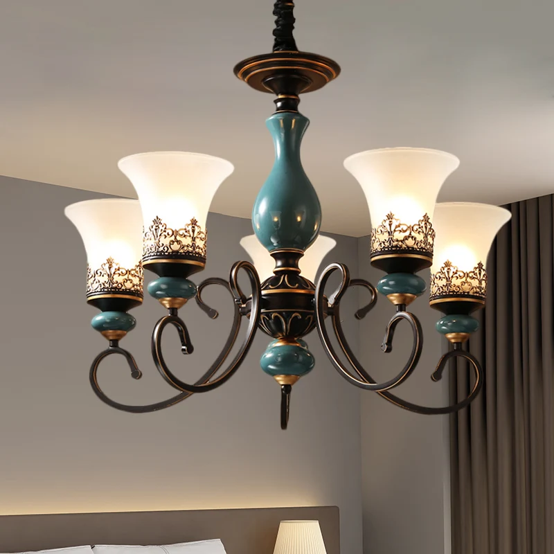 Style rustique abat-jour suspendu en verre laiteux, lustre à 3/5/6 têtes, éclairage en bleu Clearhalo