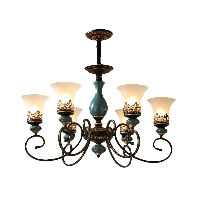 Style rustique abat-jour suspendu en verre laiteux, lustre à 3/5/6 têtes, éclairage en bleu Clearhalo