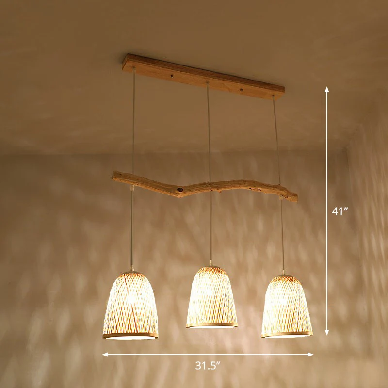 Suspension abat-jour cloche en bois, asie du sud-est, bambou, 3 têtes, salon de thé, île suspendue Clearhalo