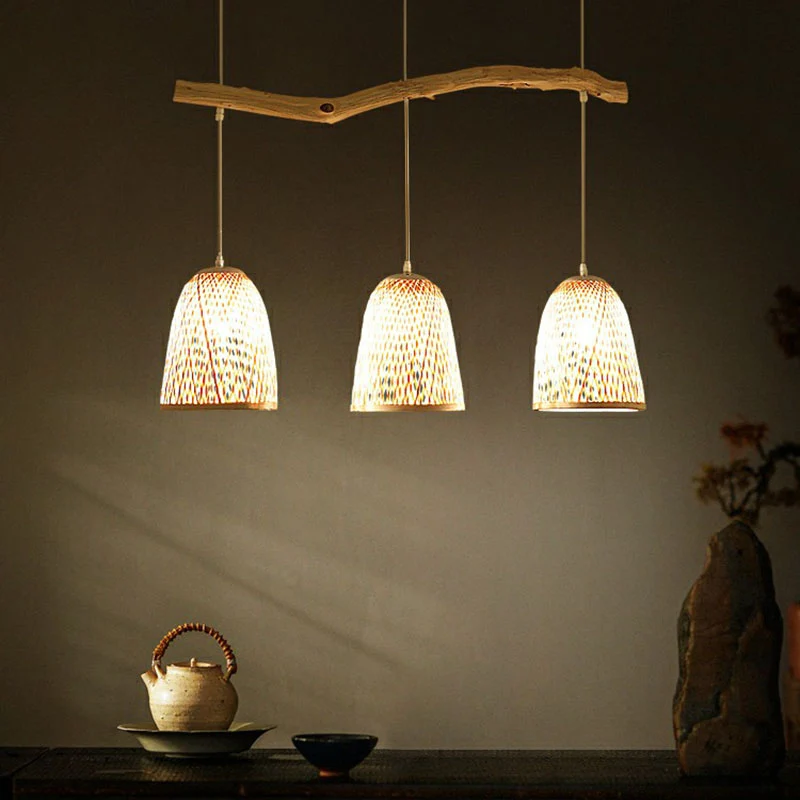 Suspension abat-jour cloche en bois, asie du sud-est, bambou, 3 têtes, salon de thé, île suspendue Clearhalo