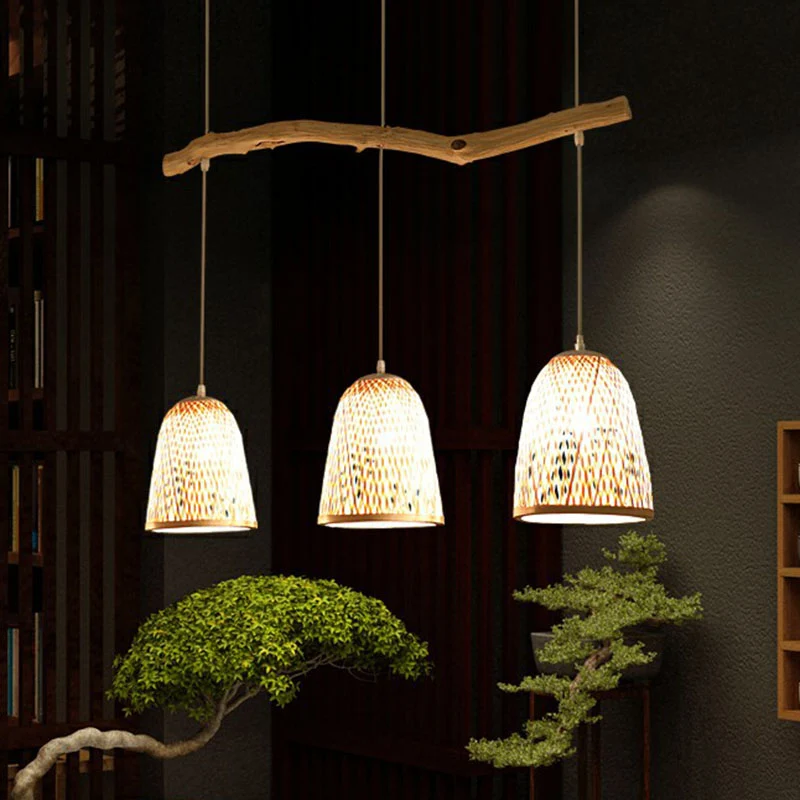 Suspension abat-jour cloche en bois, asie du sud-est, bambou, 3 têtes, salon de thé, île suspendue Clearhalo