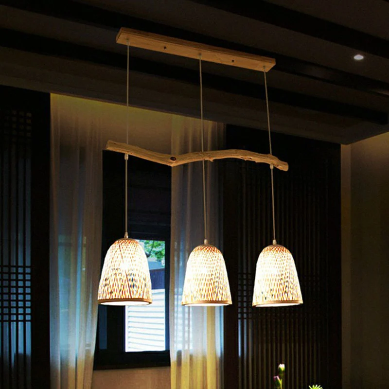 Suspension abat-jour cloche en bois, asie du sud-est, bambou, 3 têtes, salon de thé, île suspendue Clearhalo