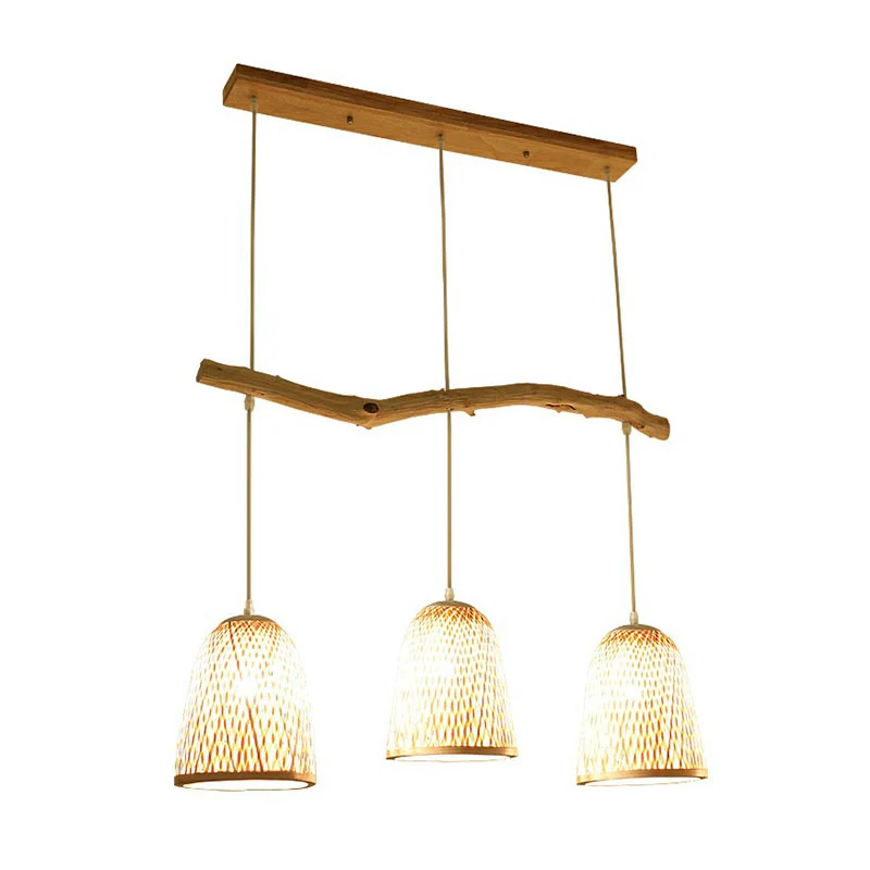Suspension abat-jour cloche en bois, asie du sud-est, bambou, 3 têtes, salon de thé, île suspendue Clearhalo