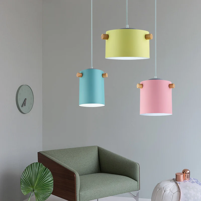 Suspension cylindrique de couleur bonbon, une lumière Macaron en aluminium bleu/vert/rose/blanc/jaune, suspension pour cou...