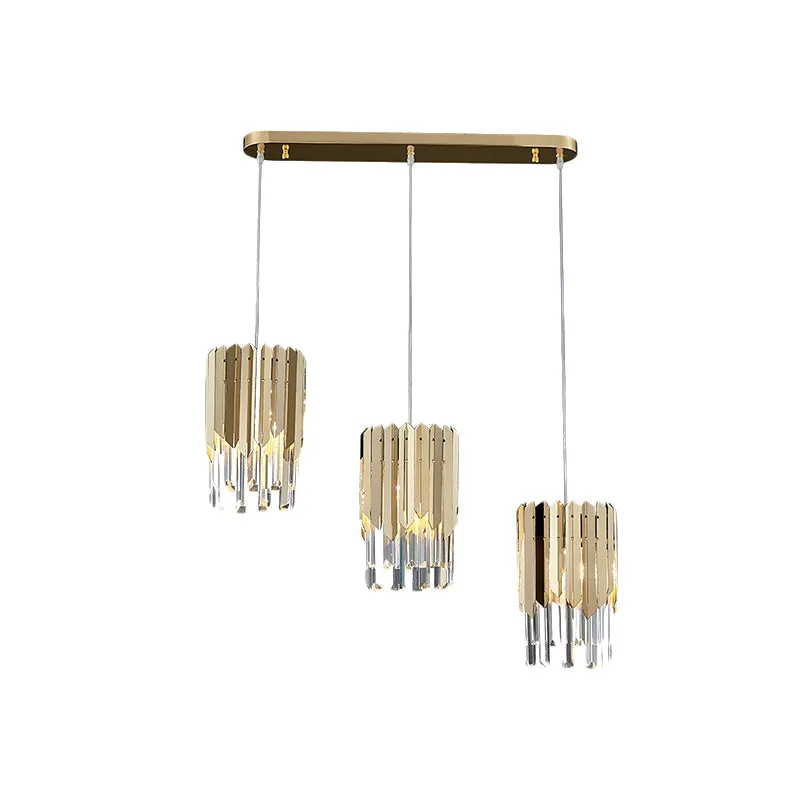 Suspension luxueuse en forme de grappe à 3 têtes en cristal transparent rectangulaire en or pour salle à manger Clearhalo
