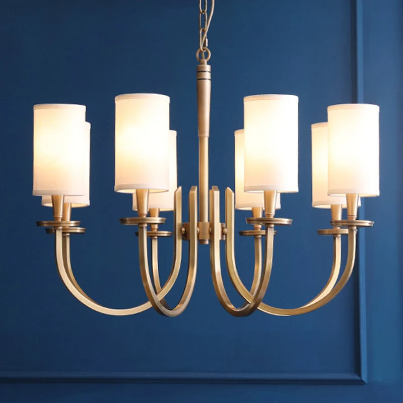 Suspension en métal à bras incurvé, lustre artistique en laiton Antique avec abat-jour en tissu cylindrique Clearhalo