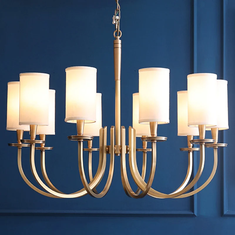 Suspension en métal à bras incurvé, lustre artistique en laiton Antique avec abat-jour en tissu cylindrique Clearhalo
