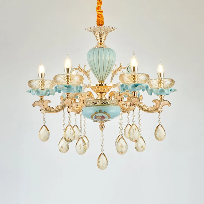 Suspension Oblate bleue, lustre de salon en cristal à facettes de Style rétro avec décor drapé Clearhalo