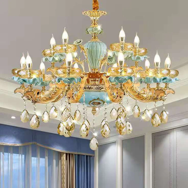 Suspension Oblate bleue, lustre de salon en cristal à facettes de Style rétro avec décor drapé Clearhalo