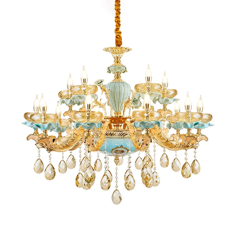 Suspension Oblate bleue, lustre de salon en cristal à facettes de Style rétro avec décor drapé Clearhalo
