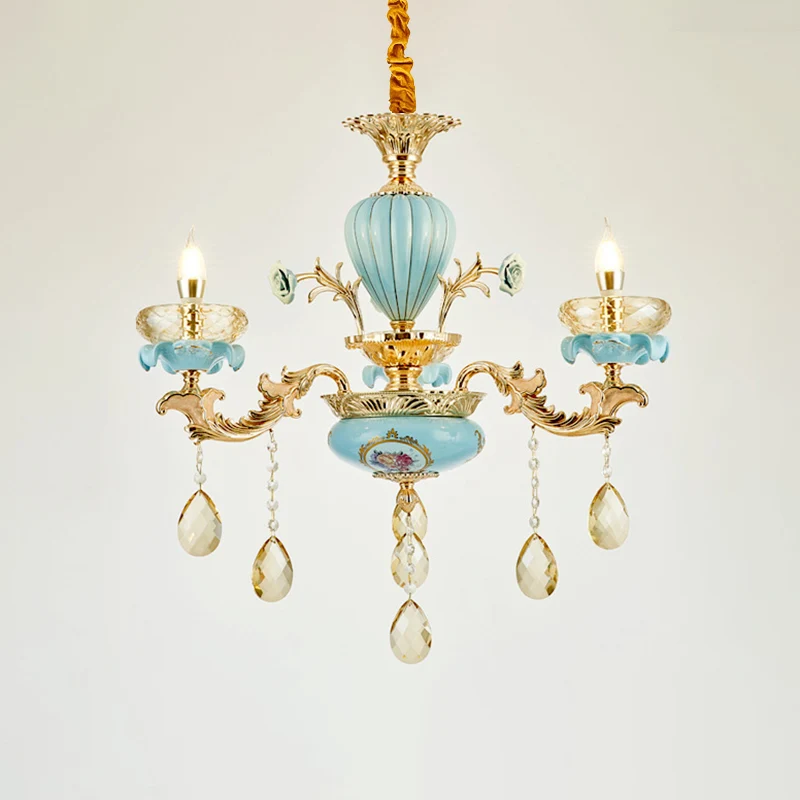 Suspension Oblate bleue, lustre de salon en cristal à facettes de Style rétro avec décor drapé Clearhalo