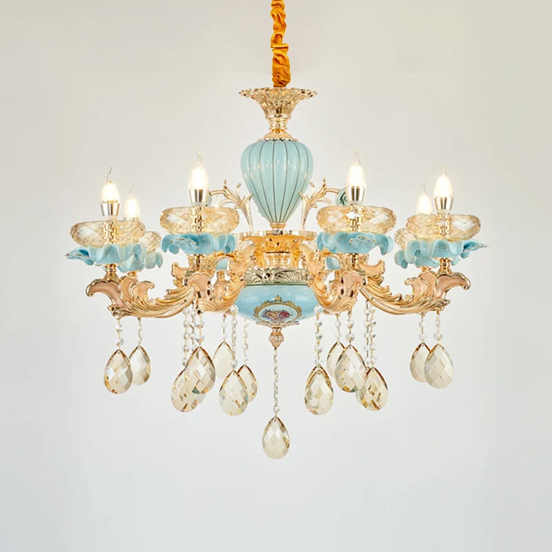Suspension Oblate bleue, lustre de salon en cristal à facettes de Style rétro avec décor drapé Clearhalo