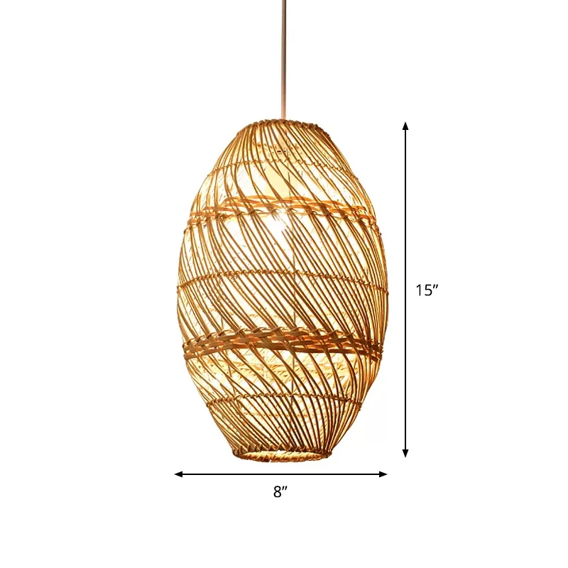Suspension oblongue en bois Style asiatique 1 ampoule lampe à Suspension en rotin de bambou Clearhalo