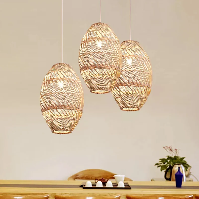 Suspension oblongue en bois Style asiatique 1 ampoule lampe à Suspension en rotin de bambou Clearhalo