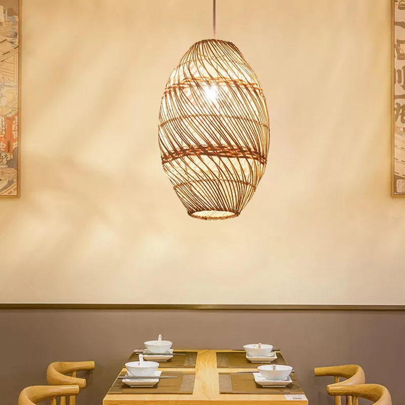 Suspension oblongue en bois Style asiatique 1 ampoule lampe à Suspension en rotin de bambou Clearhalo
