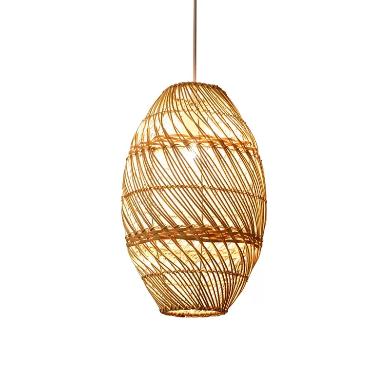 Suspension oblongue en bois Style asiatique 1 ampoule lampe à Suspension en rotin de bambou Clearhalo