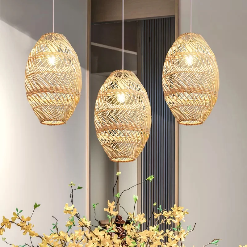 Suspension oblongue en bois Style asiatique 1 ampoule lampe à Suspension en rotin de bambou Clearhalo
