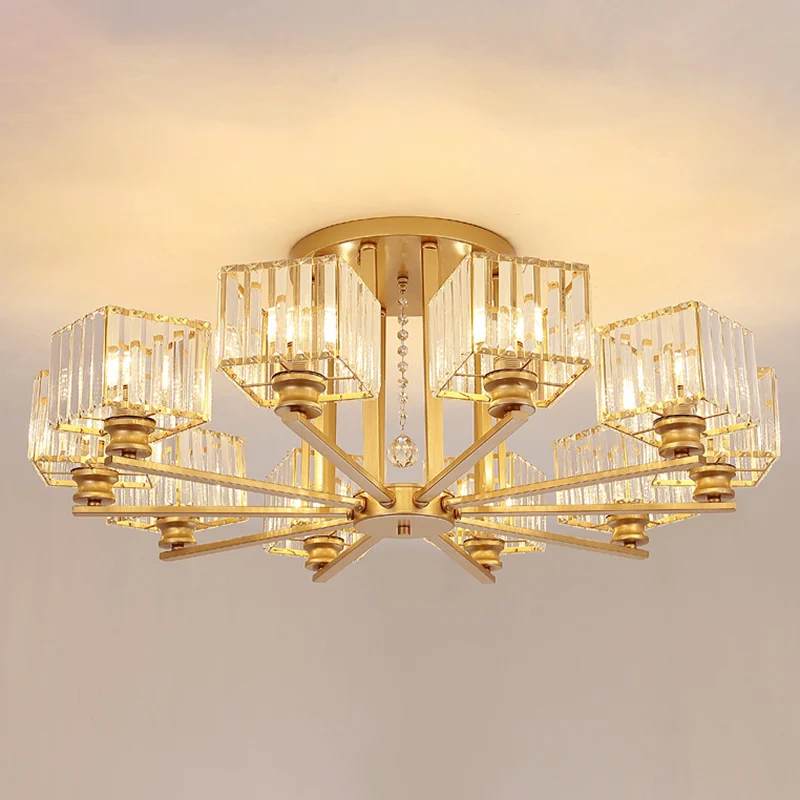 Suspension radiale artistique, lustre métallique de salon avec abat-jour en bloc de cristal K9 Clearhalo