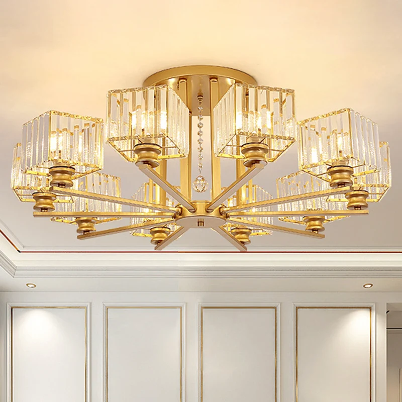 Suspension radiale artistique, lustre métallique de salon avec abat-jour en bloc de cristal K9 Clearhalo