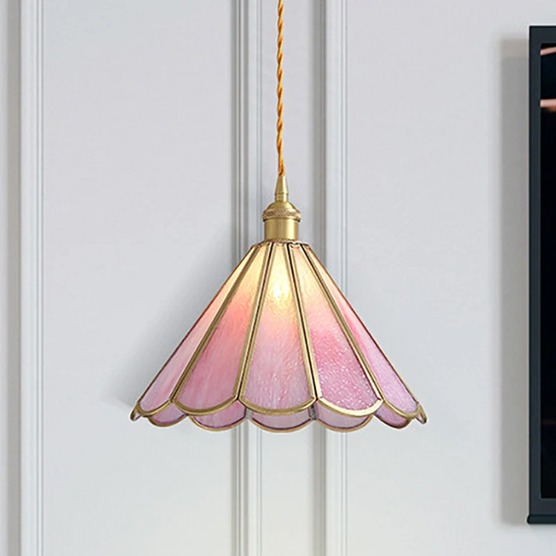 Suspension à 1 tête, luminaire décoratif de jardin coréen, bouton de fleur, festonné, astéroïde, verre rose Clearhalo