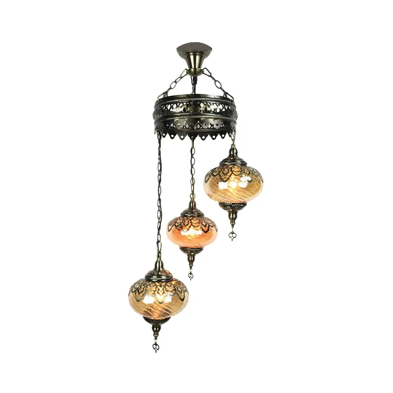 3/5 têtes ambre tourbillon verre suspension traditionnelle Bronze ovale salon suspendu lustre Clearhalo