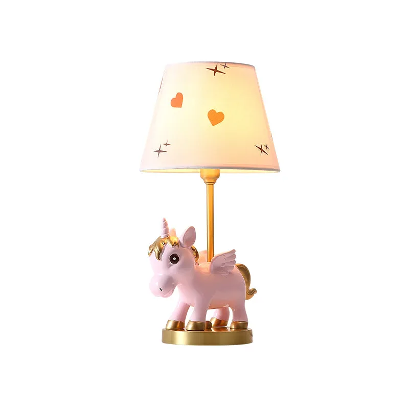 Veilleuse à abat-jour conique pour enfants, tissu imprimé, 1 ampoule, éclairage de table rose/bleu avec base licorne Clear...