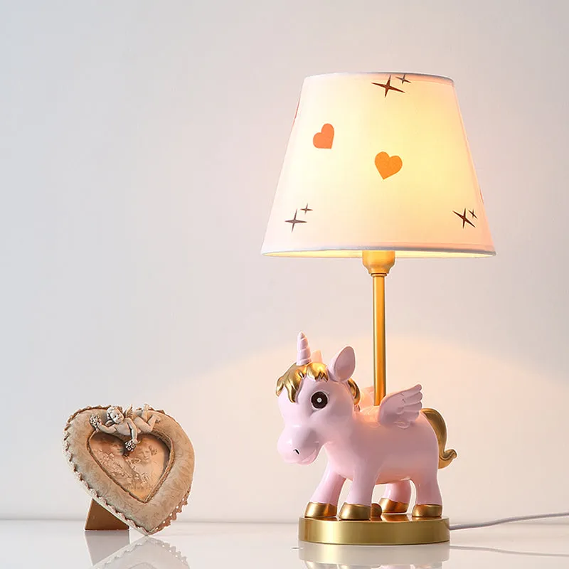 Veilleuse à abat-jour conique pour enfants, tissu imprimé, 1 ampoule, éclairage de table rose/bleu avec base licorne Clear...