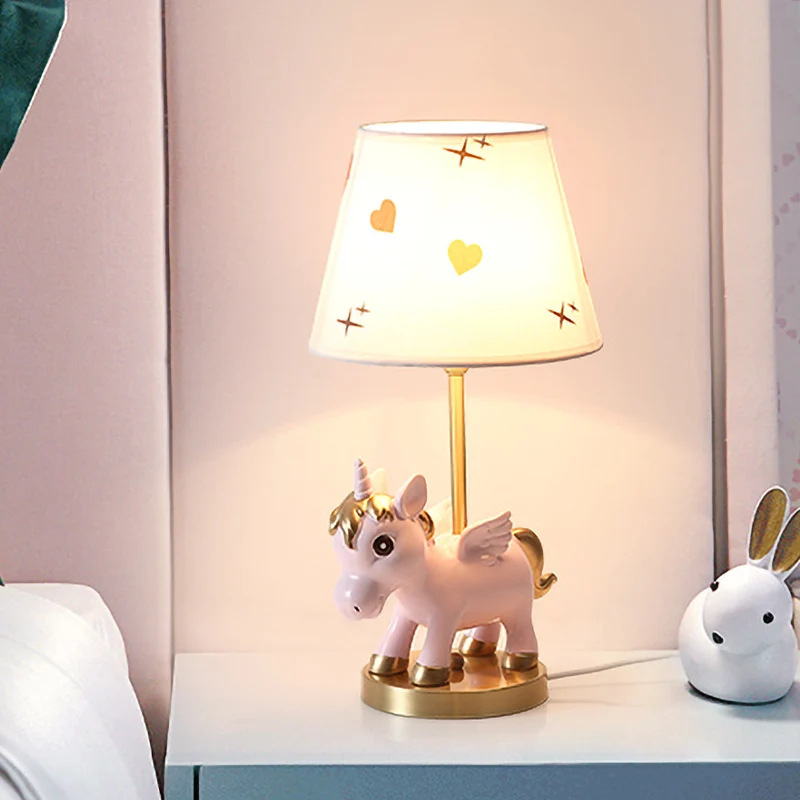 Veilleuse à abat-jour conique pour enfants, tissu imprimé, 1 ampoule, éclairage de table rose/bleu avec base licorne Clear...
