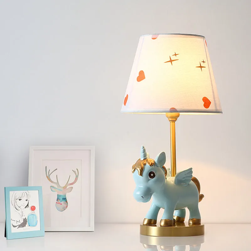 Veilleuse à abat-jour conique pour enfants, tissu imprimé, 1 ampoule, éclairage de table rose/bleu avec base licorne Clear...