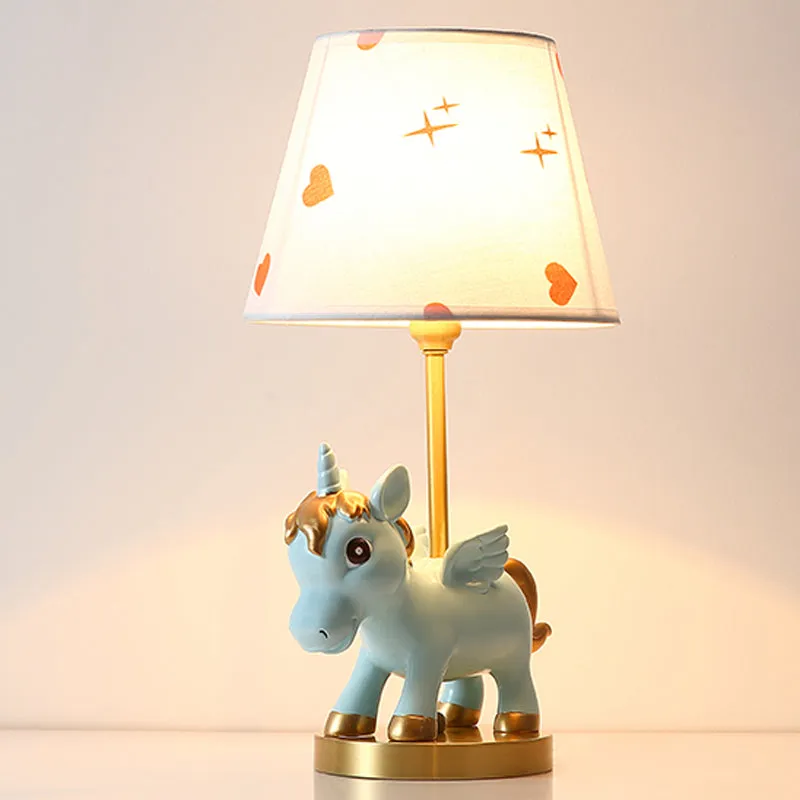 Veilleuse à abat-jour conique pour enfants, tissu imprimé, 1 ampoule, éclairage de table rose/bleu avec base licorne Clear...