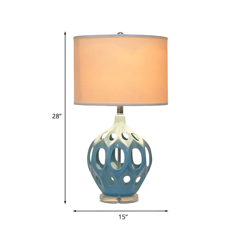Veilleuse ajourée bleue, lampe de Table traditionnelle en céramique pour salon simple avec abat-jour cylindrique en tissu...